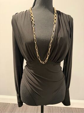 Black Long-Sleeve V-Neck Draped Women’s bodysuit